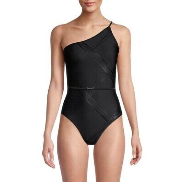 Calvin Klein JUMBO PLAID BLACK Belted One Shoulder One Piece Swimsuit 12 NWT - Picture 2 of 5